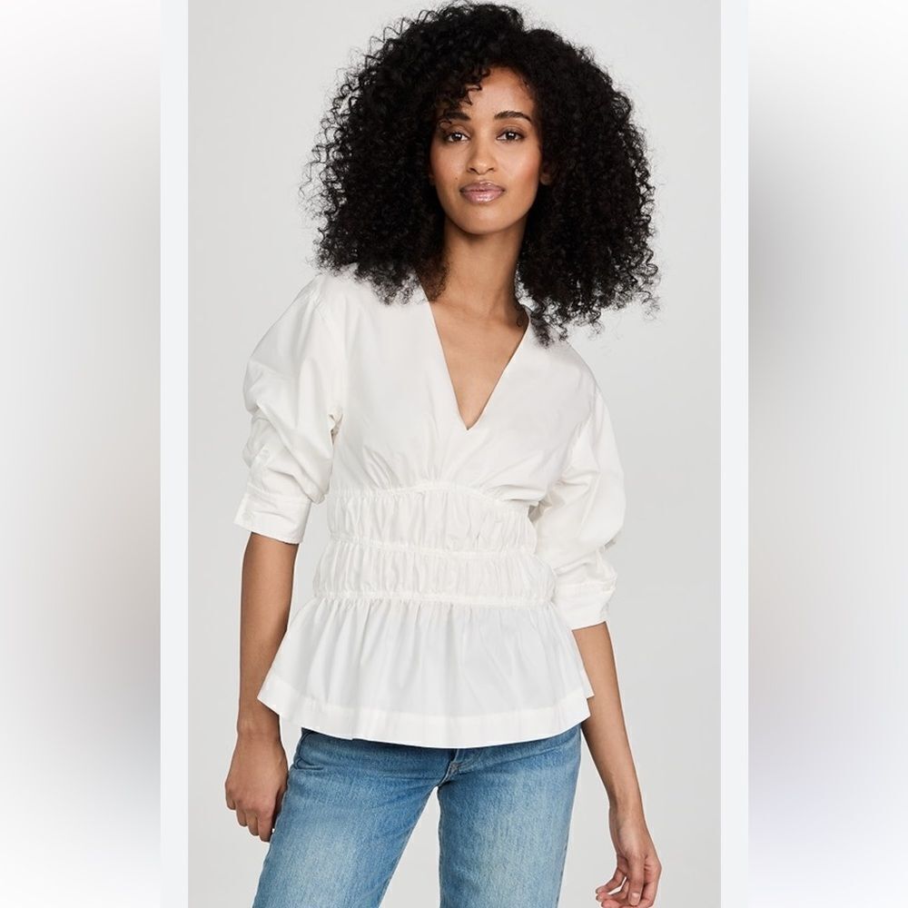 NEW Jonathan Simkhai Yuni Cotton Poplin Ruched Blouse White Size 8